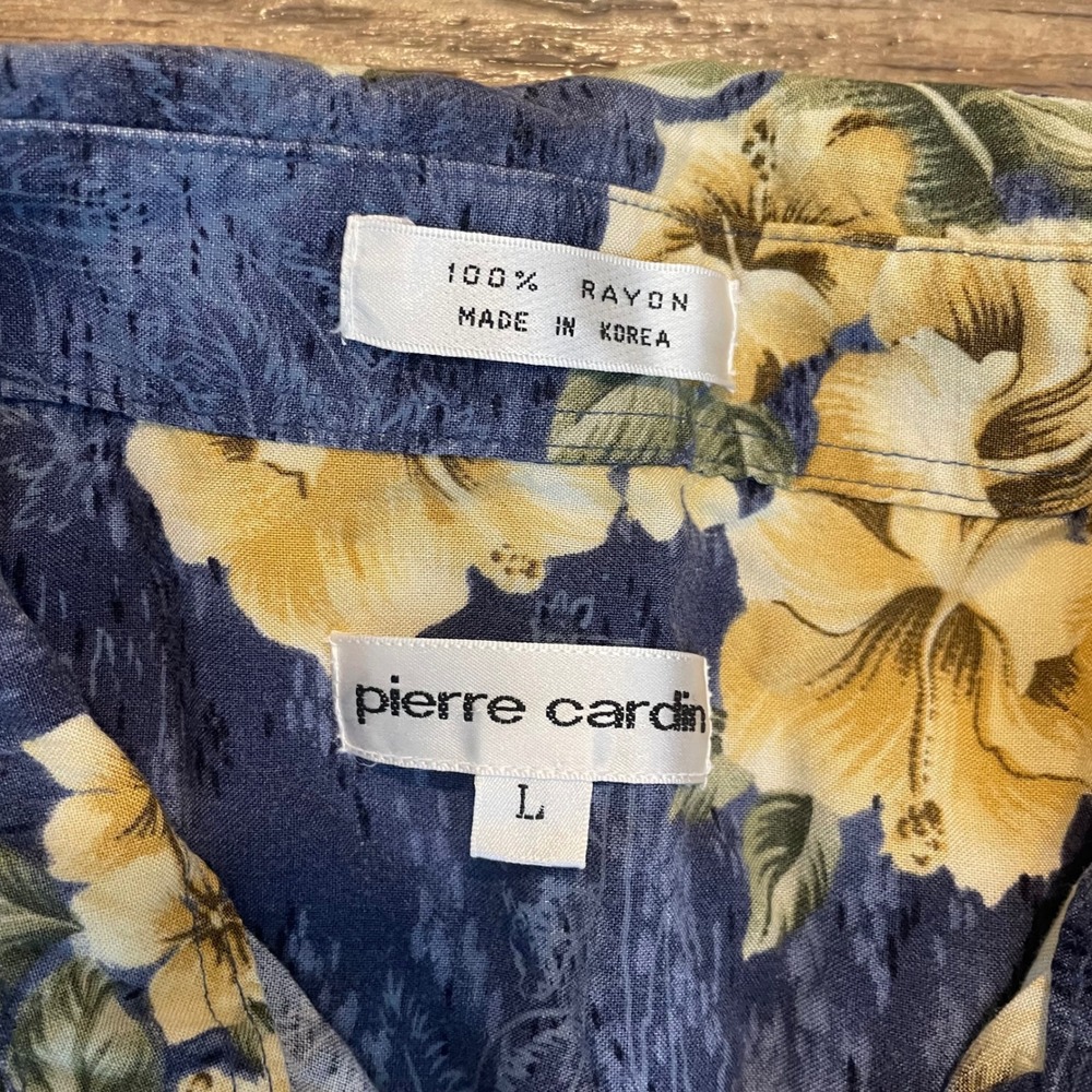 Pierre Cardin Mens Large Blue Tropical Hibiscus Floral Rayon Hawaiian Camp Shirt - Picture 3 of 7